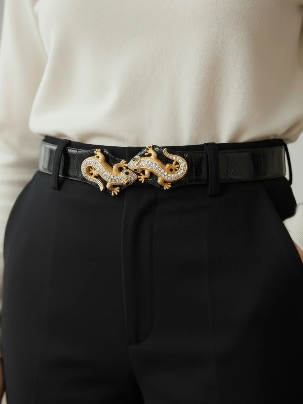 Judith Leiber Black Leather Belt with Gold Swarovski Crystal Lizard Buckle